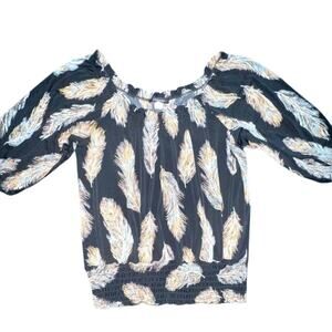UEC BLACK OFF THE SHOULDER BLOUSE COLORFUL FEATHER PRINT SZ L